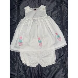 Vintage Good Lad White Pique Tulip Embroidered Dress and Bloomers Set 24M 18295